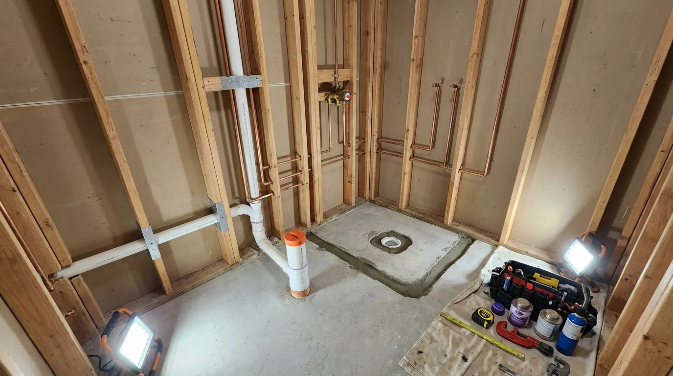 Bathroom rough-in plumbing during remodel by Johns Plumbing LLC in Hazelwood