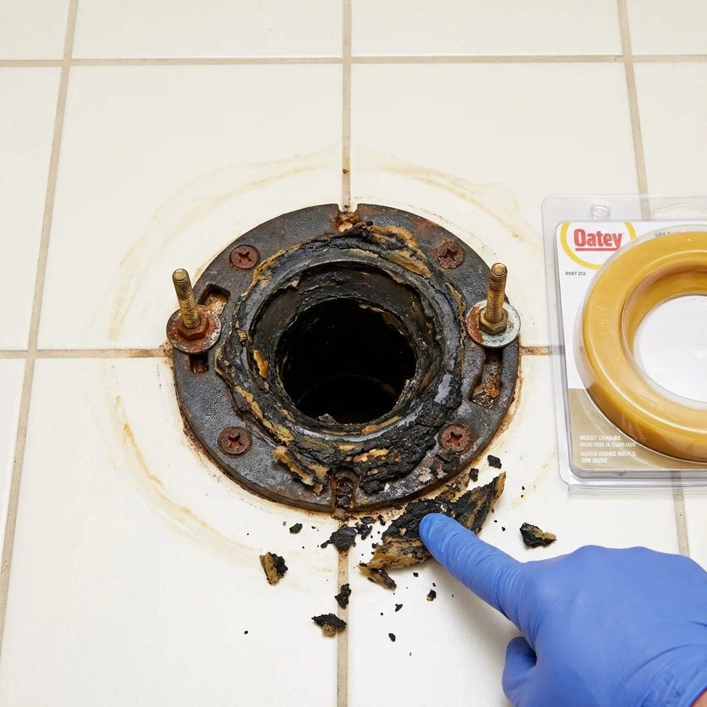 Failed wax ring showing water seepage at the base of a toilet in a Hazelwood, MO home