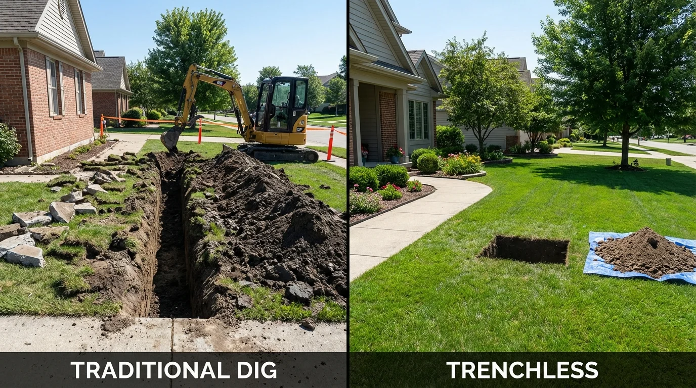 Trenchless sewer repair with minimal yard damage versus traditional excavation in Hazelwood, MO